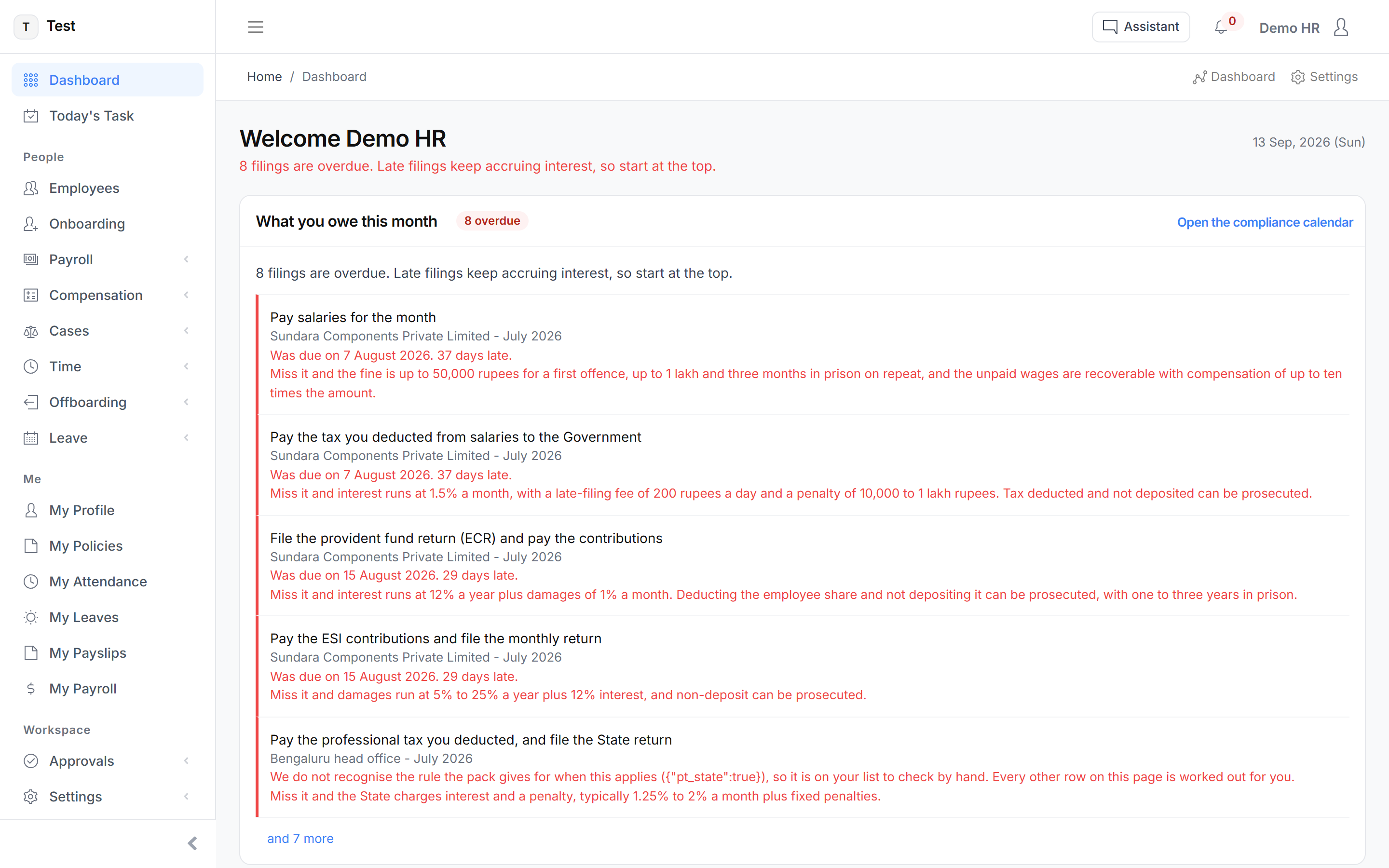 The HR-VEND dashboard, listing the statutory filings a company owes this month with the penalty for missing each one