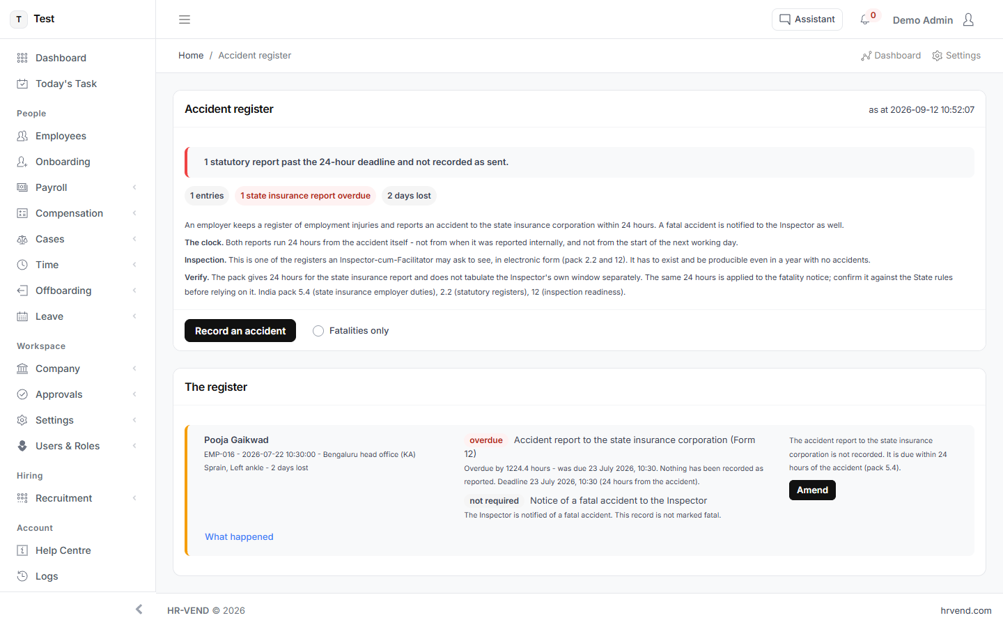 The Accident register screen in HR-VEND