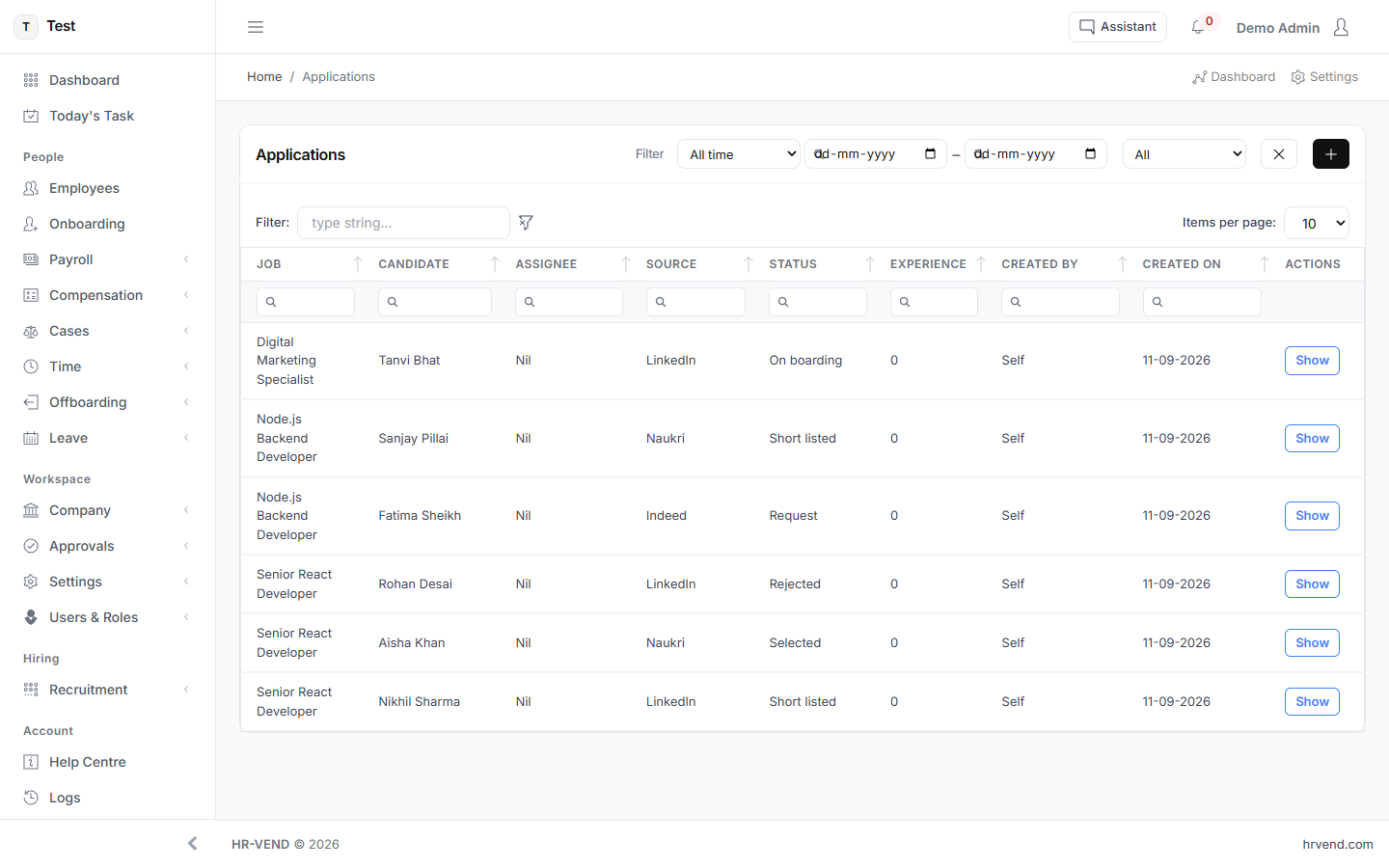 The Applications screen in HR-VEND