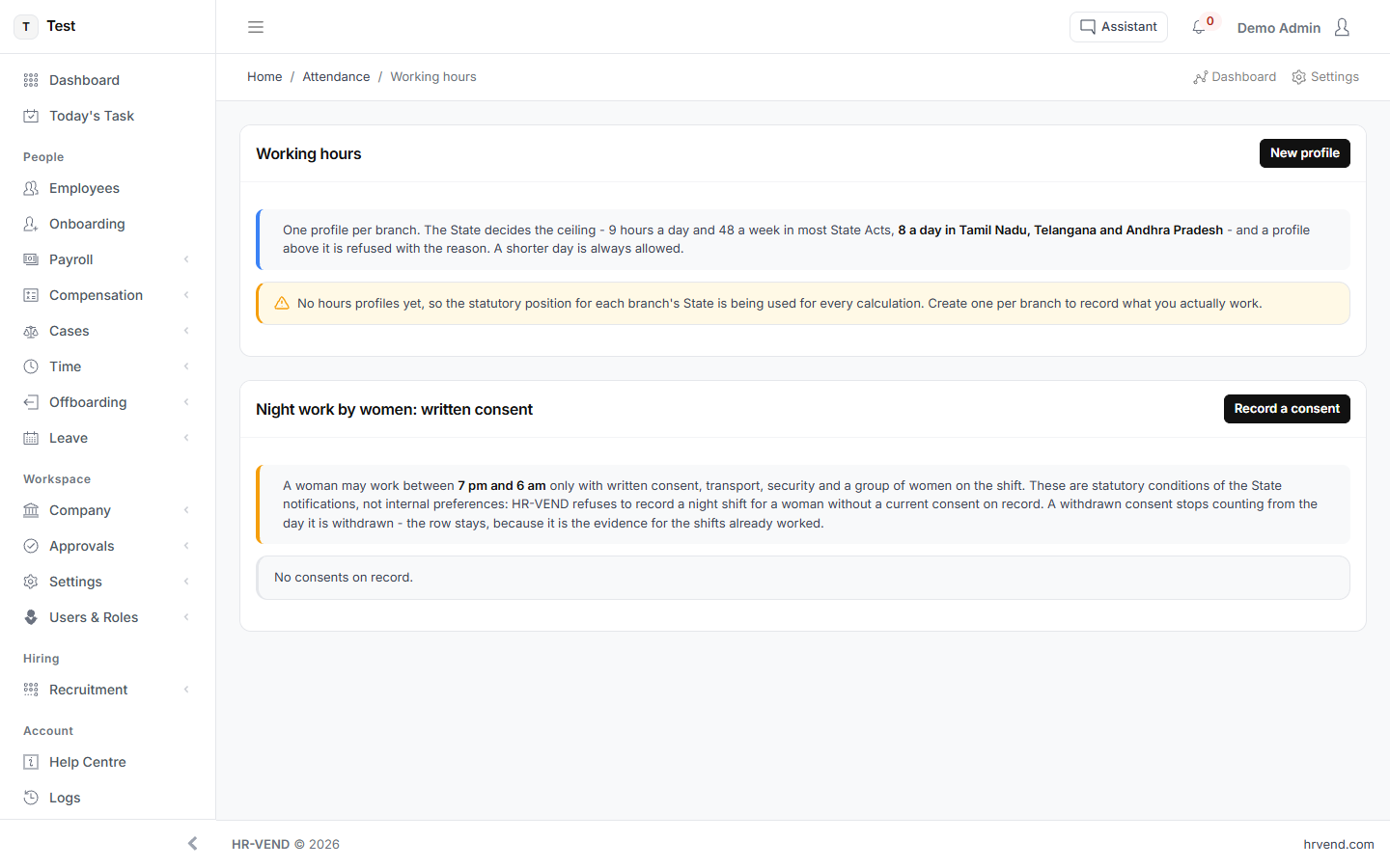 The Working hours screen in HR-VEND