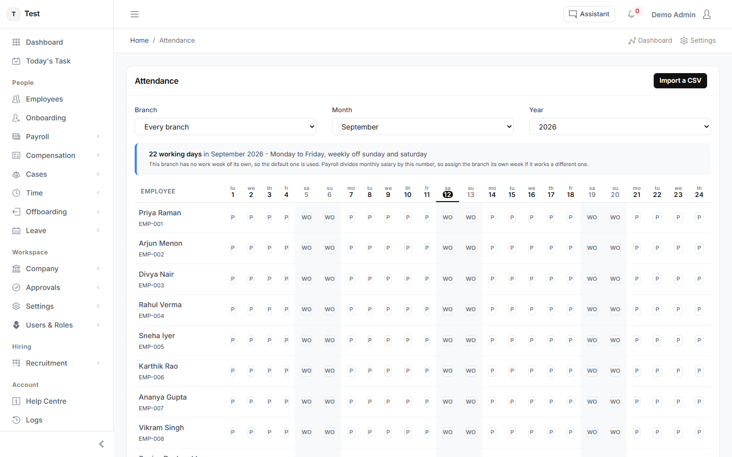 The Attendance screen in HR-VEND