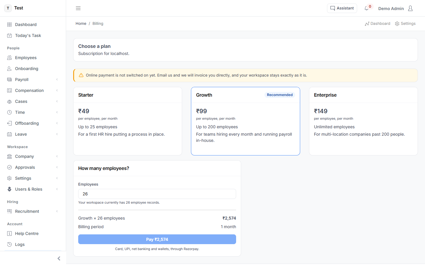The Billing screen in HR-VEND
