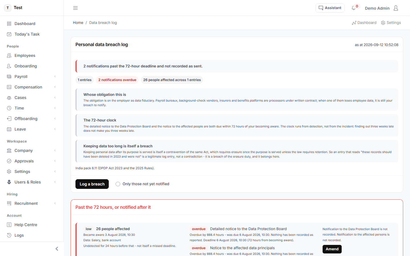 The Data breach log screen in HR-VEND