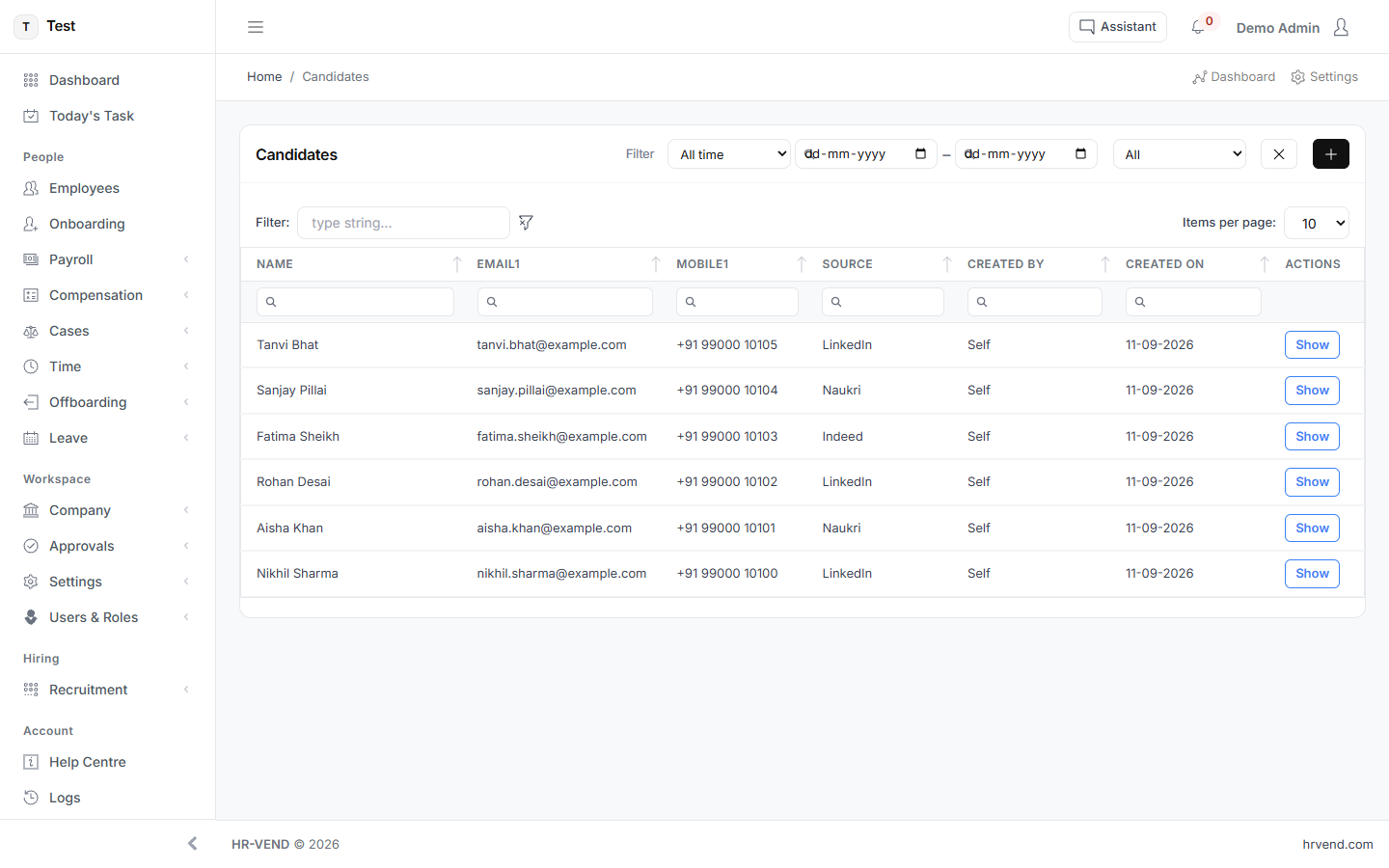 The Candidates screen in HR-VEND