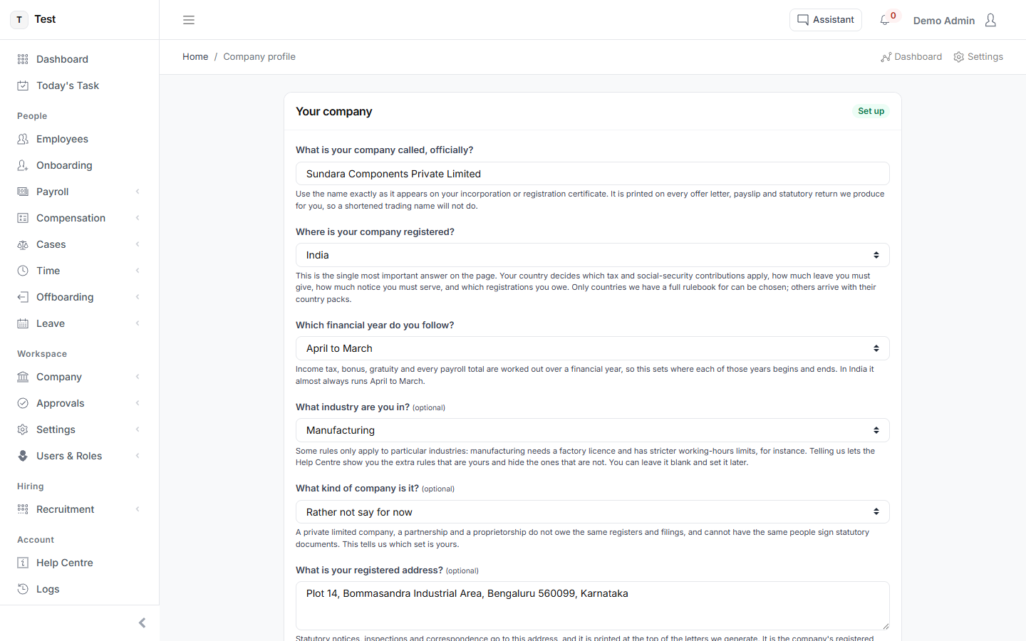 The Company profile screen in HR-VEND