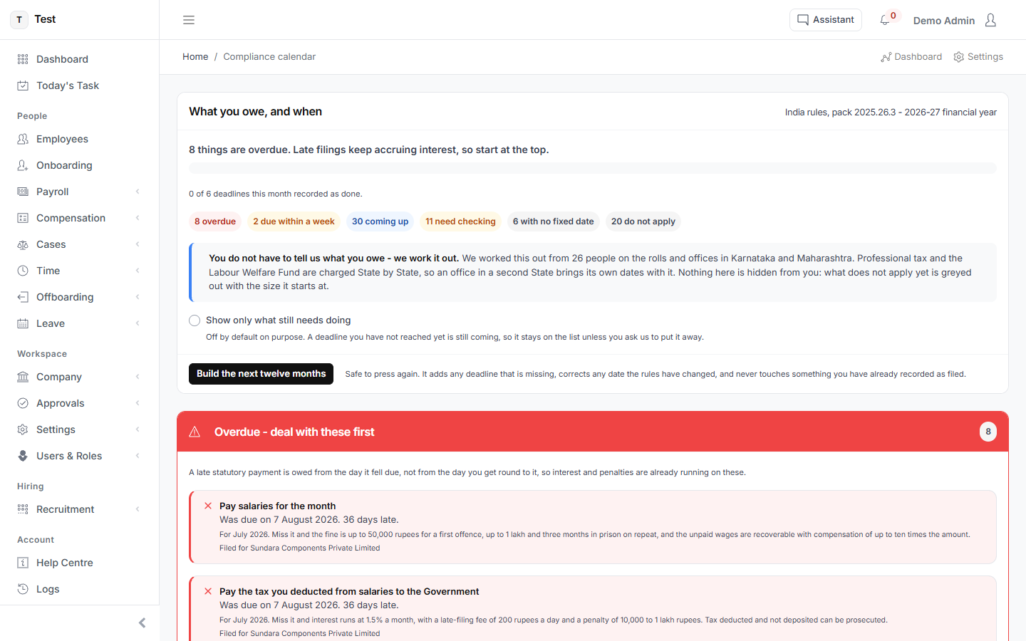 The Compliance calendar screen in HR-VEND