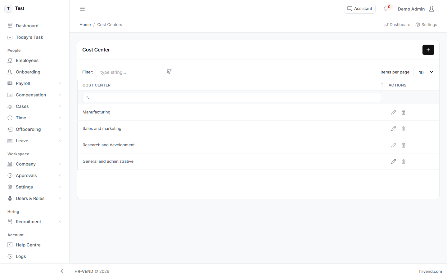 The Cost Centers screen in HR-VEND