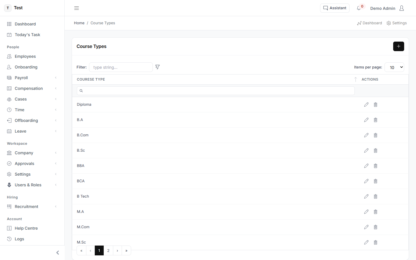 The Course-Types screen in HR-VEND