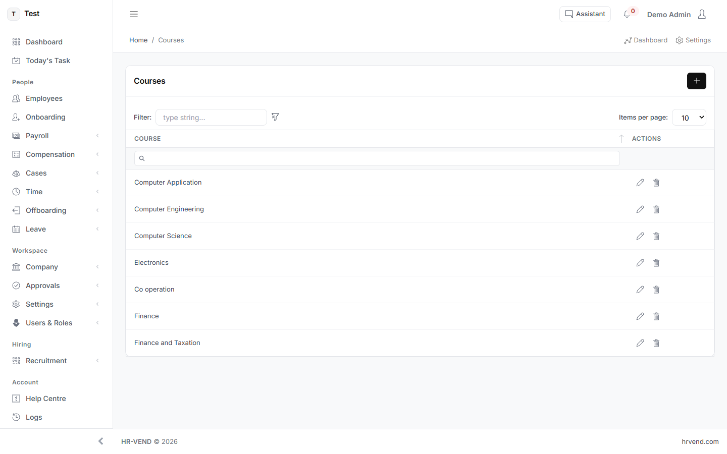 The Courses screen in HR-VEND