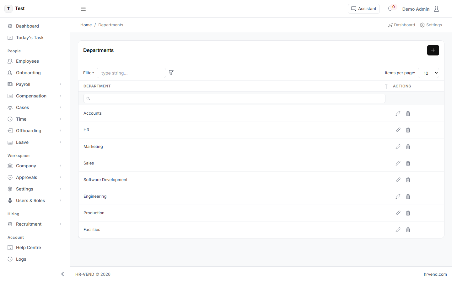 The Departments screen in HR-VEND