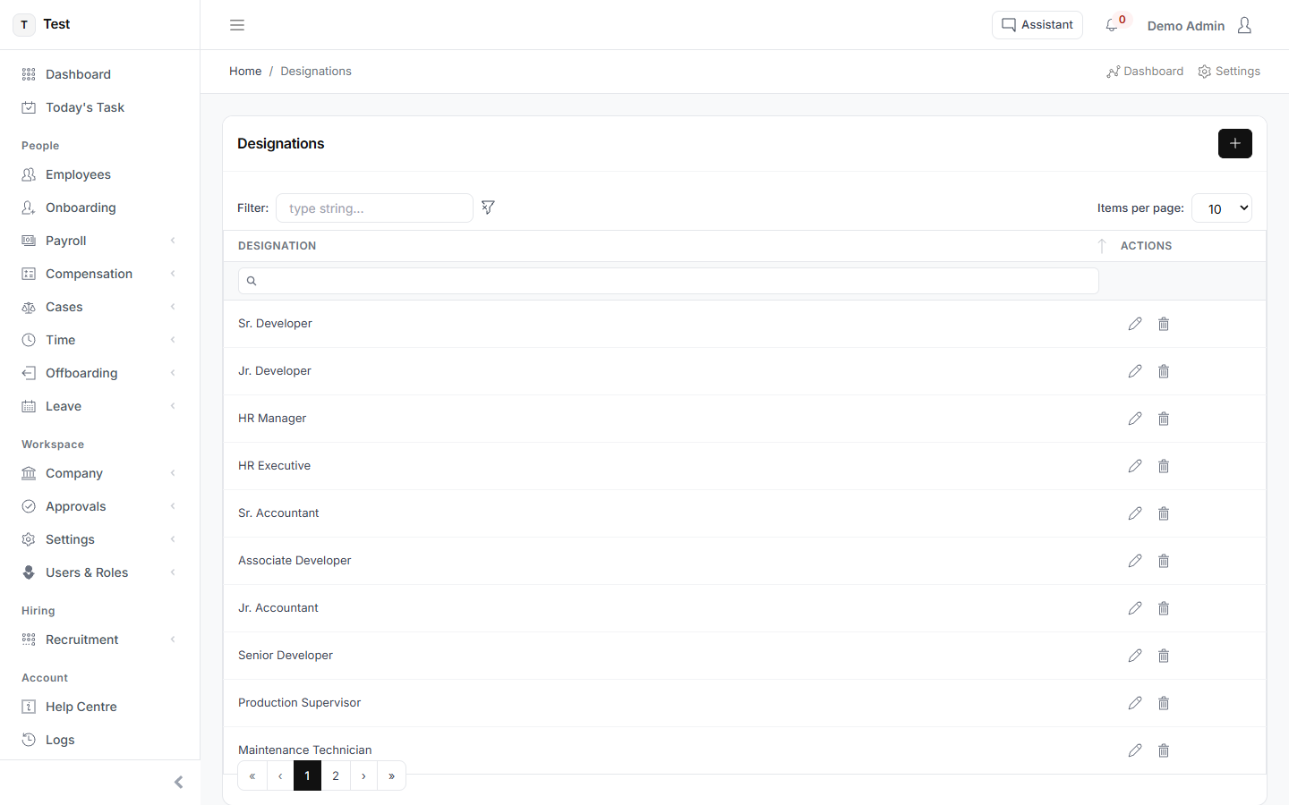 The Designations screen in HR-VEND