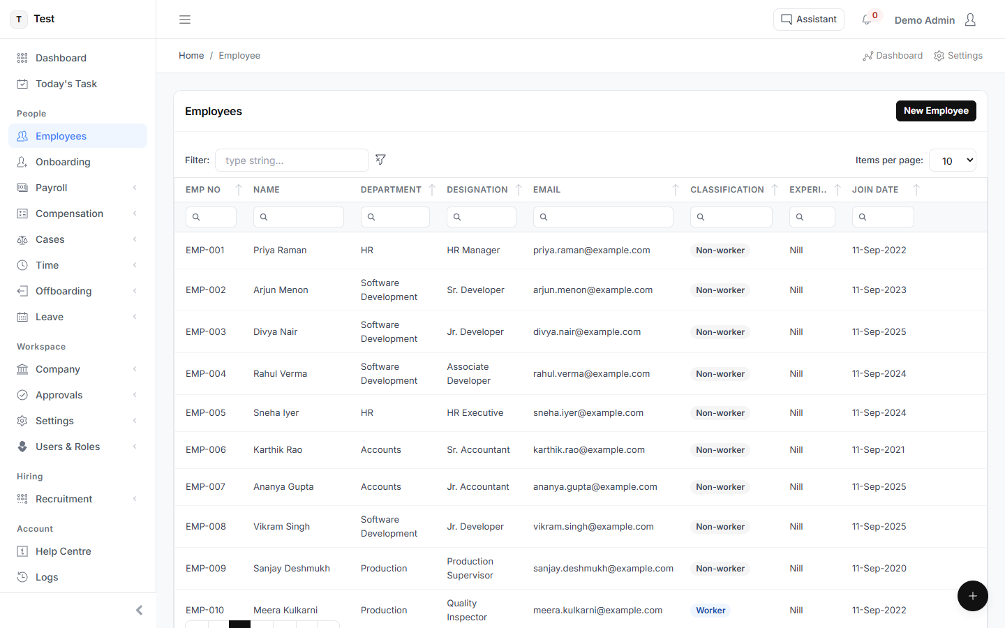 The Employees screen in HR-VEND