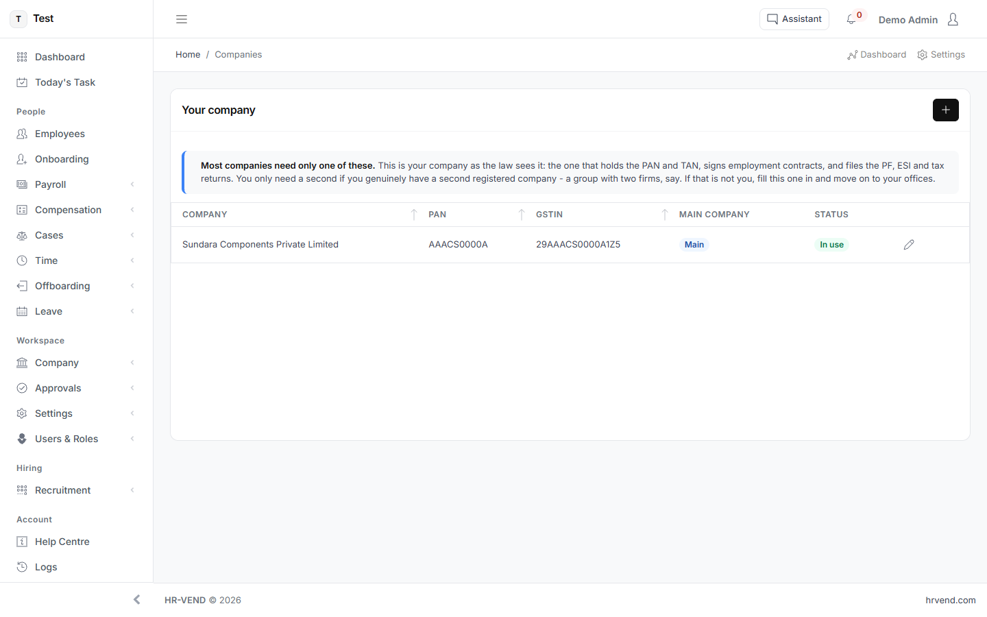 The Companies screen in HR-VEND