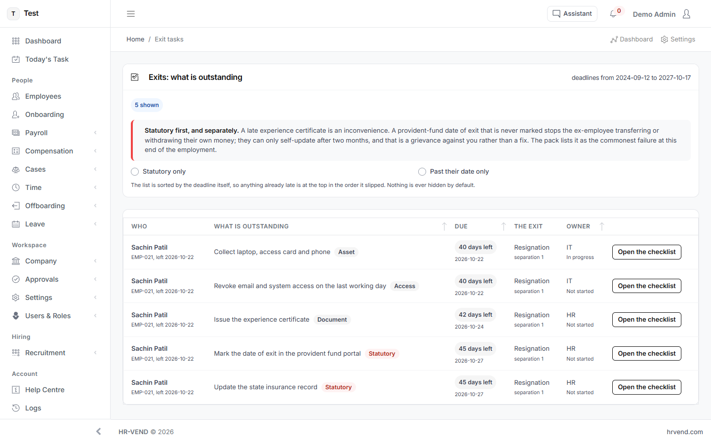 The Exit tasks screen in HR-VEND