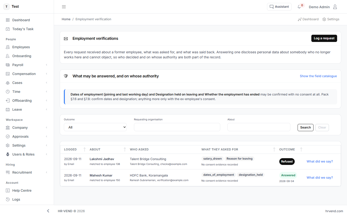 The Employment verification screen in HR-VEND