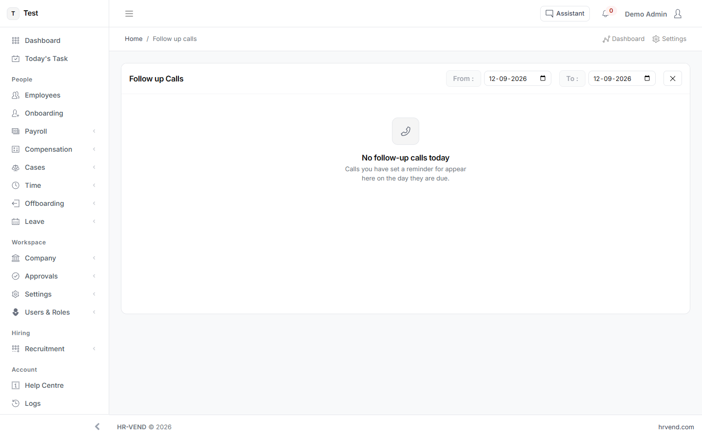 The Follow up calls screen in HR-VEND