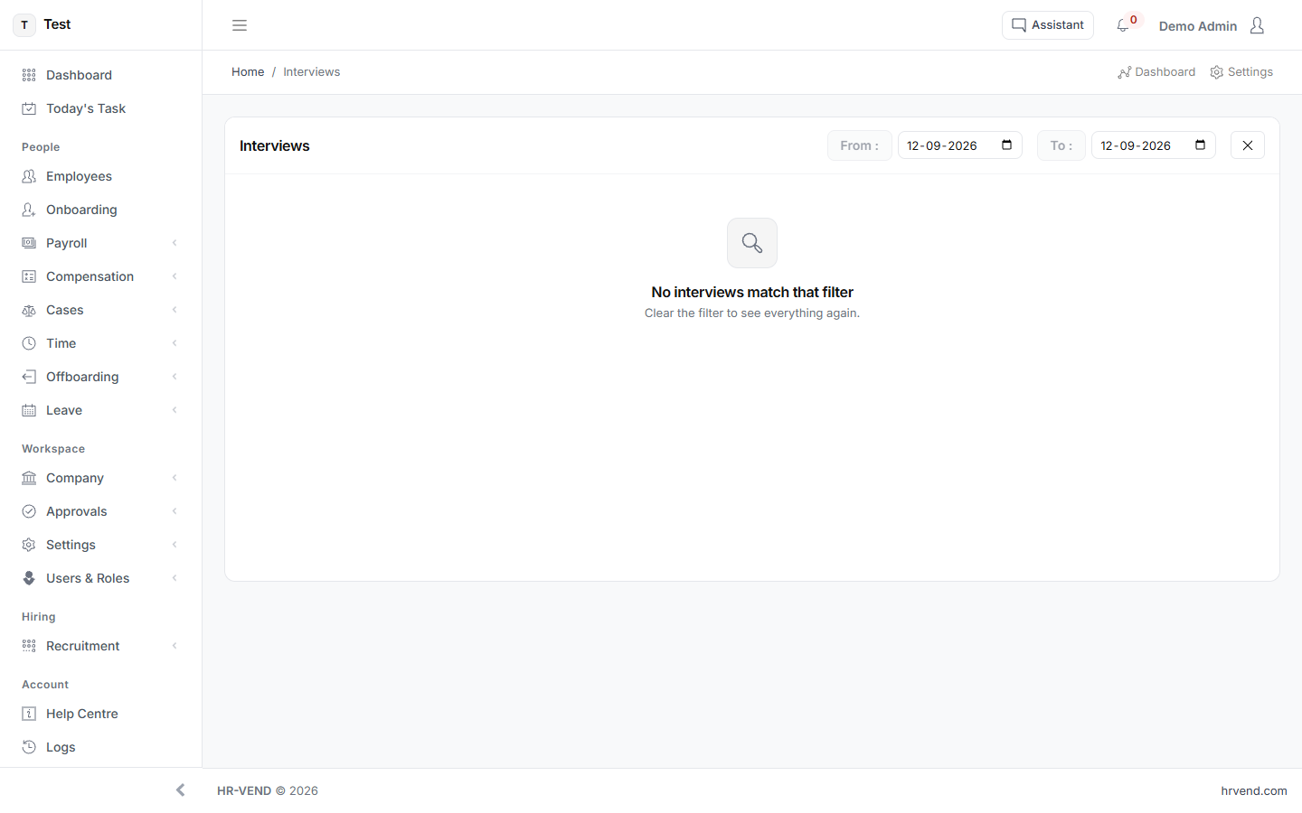 The Interviews screen in HR-VEND