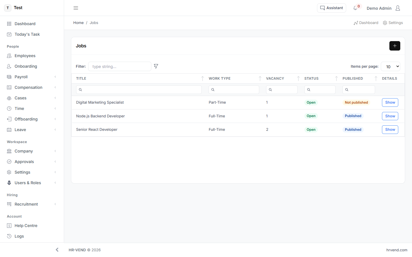 The Jobs screen in HR-VEND