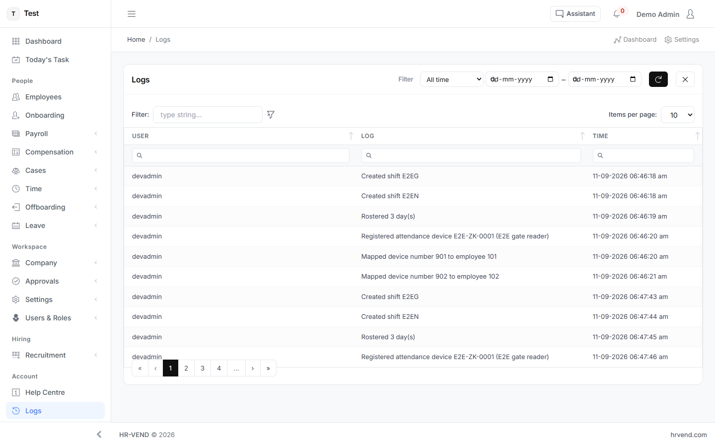The Logs screen in HR-VEND