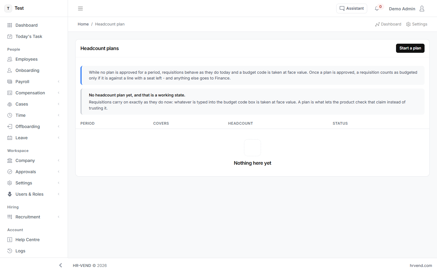 The Headcount plan screen in HR-VEND