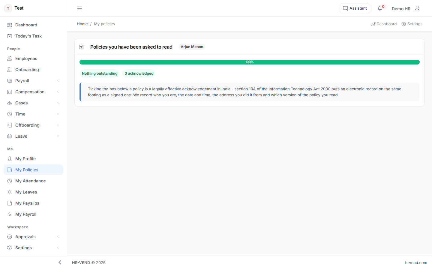 The My Policies screen in HR-VEND