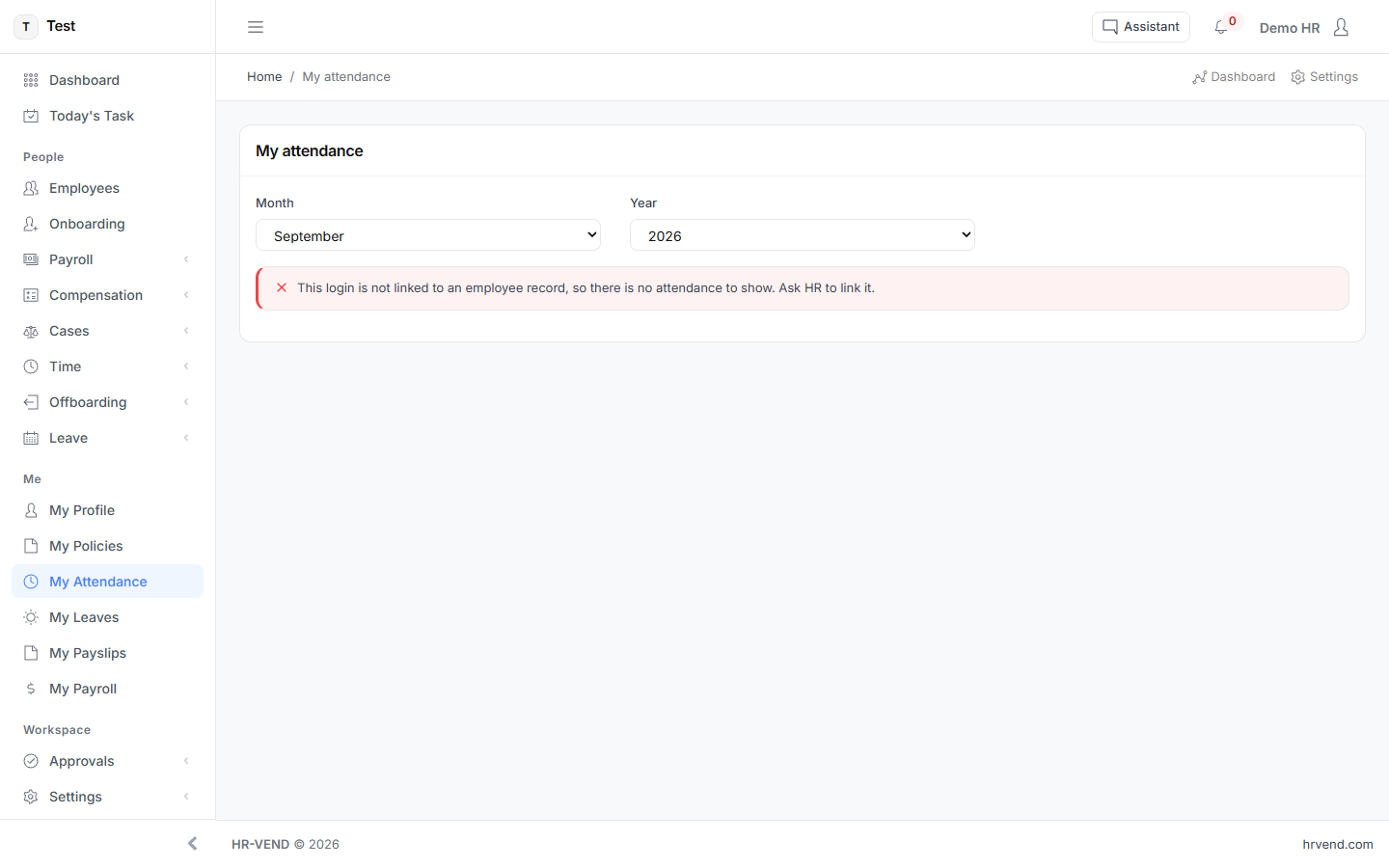The My Attendance screen in HR-VEND
