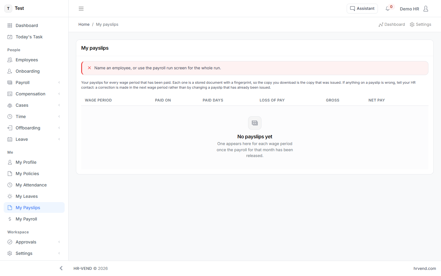 The My Payslips screen in HR-VEND