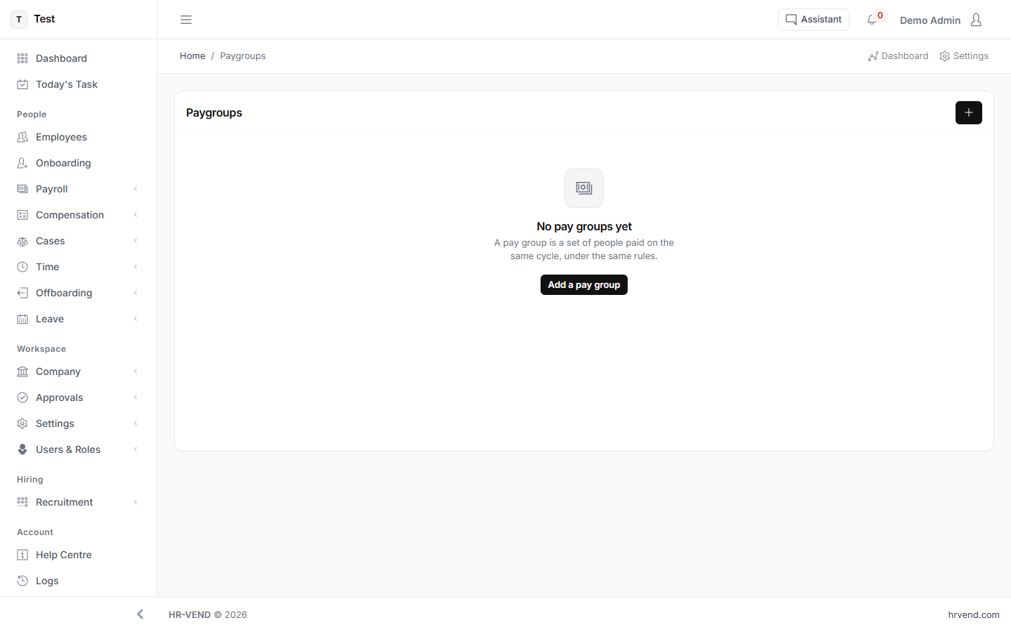 The Pay groups screen in HR-VEND