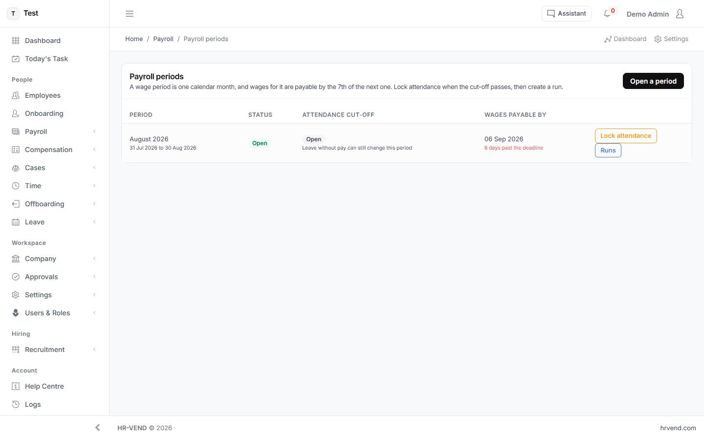 The Periods screen in HR-VEND