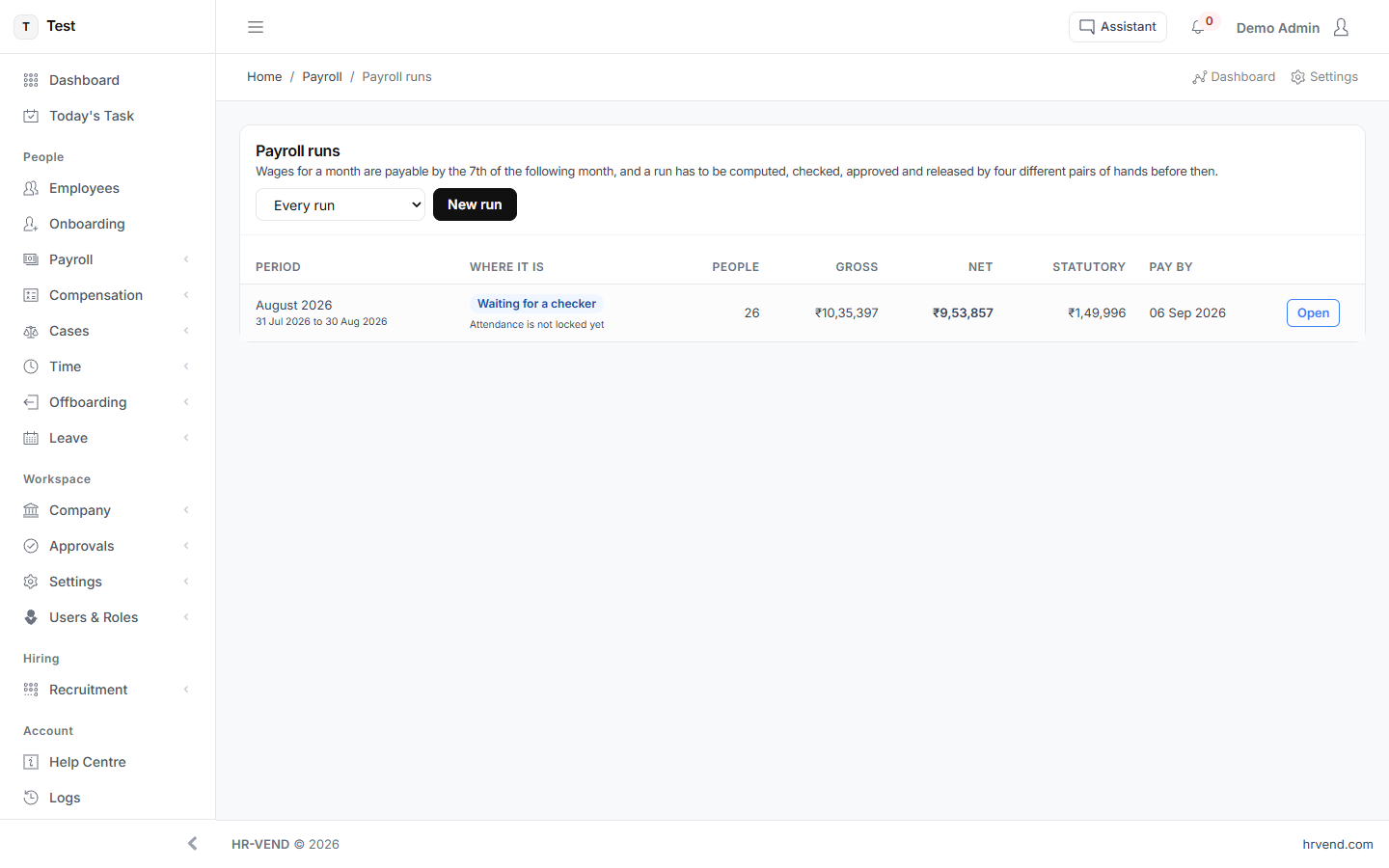 The Payroll runs screen in HR-VEND
