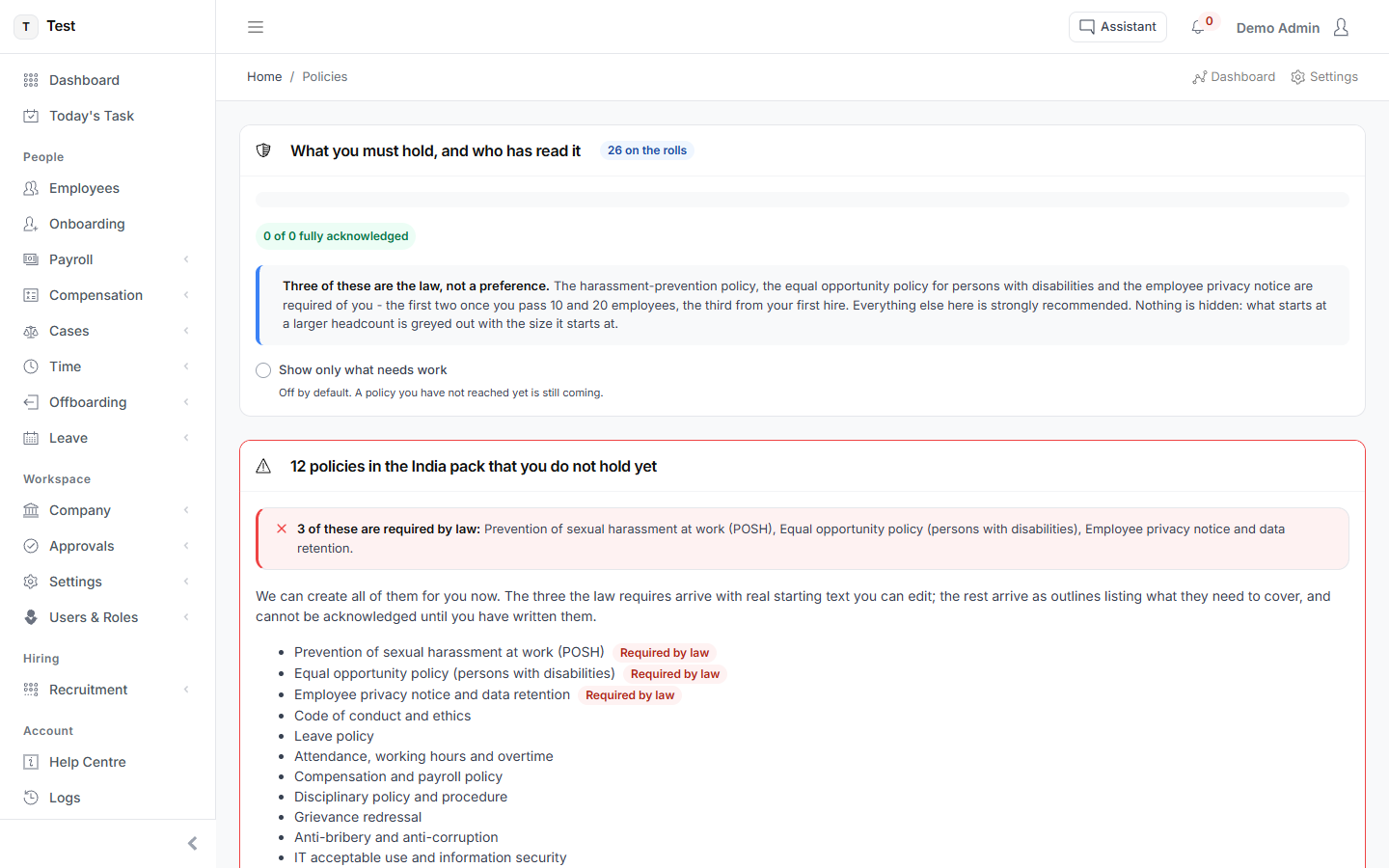 The Policies screen in HR-VEND