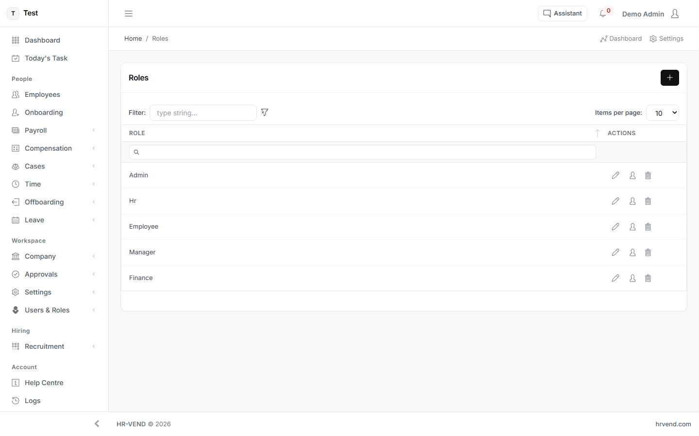 The Roles screen in HR-VEND