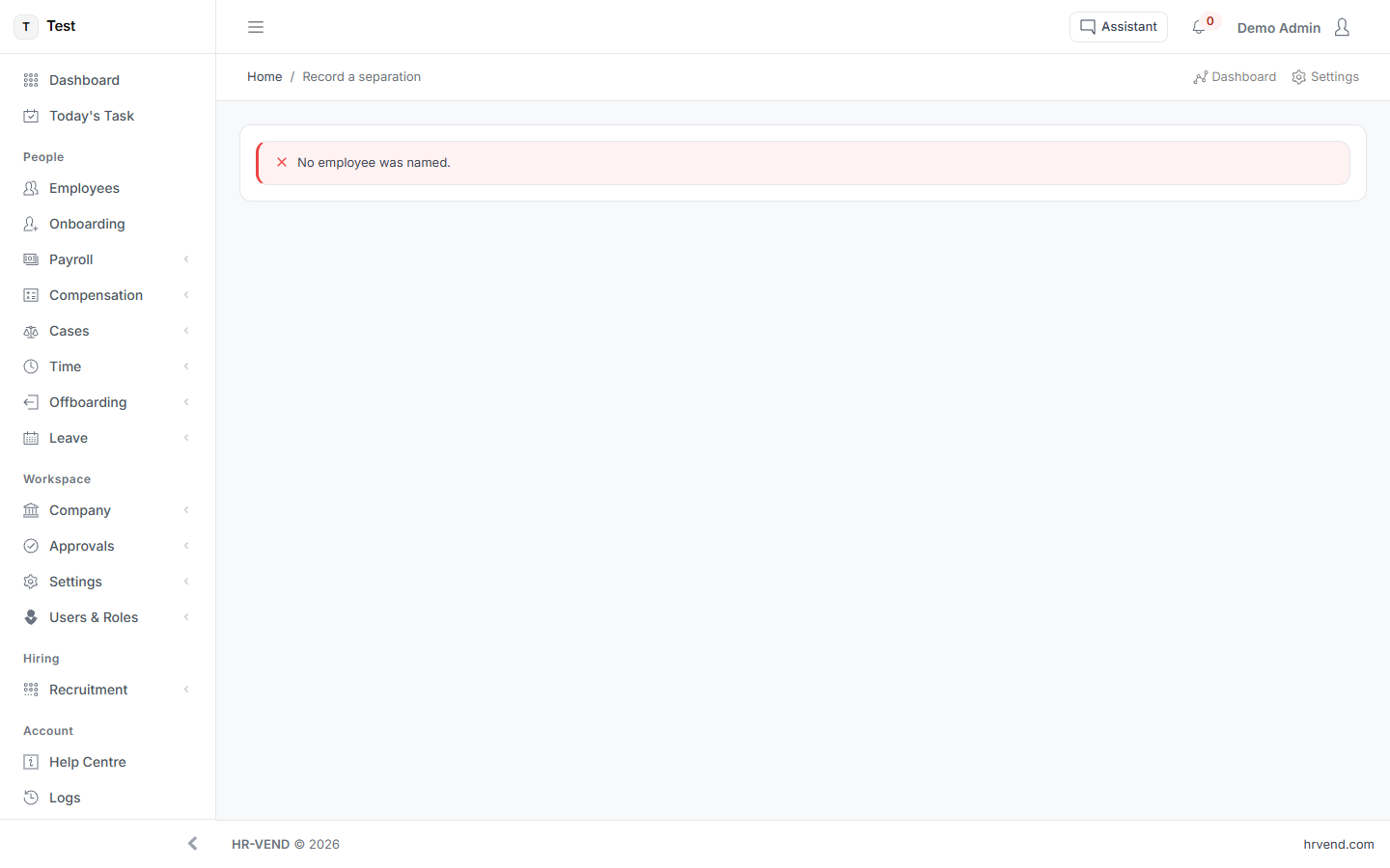 The Record a separation screen in HR-VEND