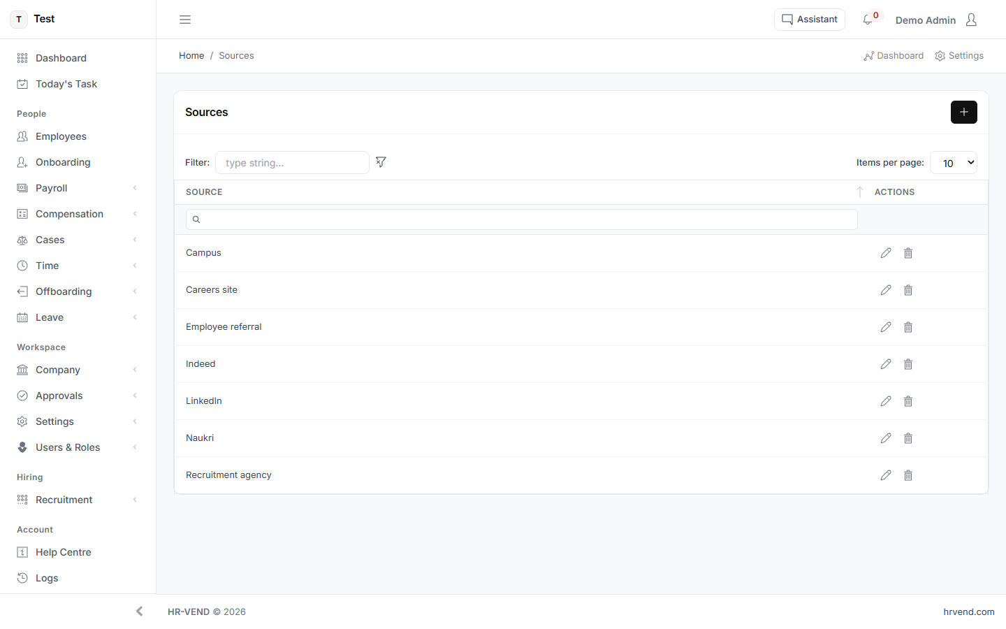 The Sources screen in HR-VEND