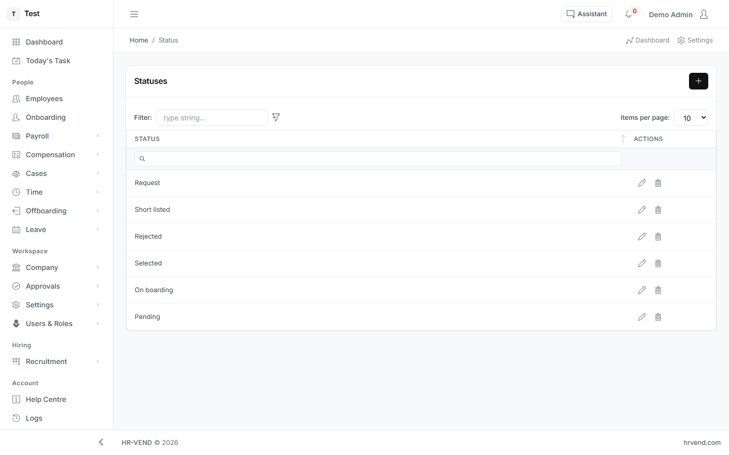 The Status screen in HR-VEND