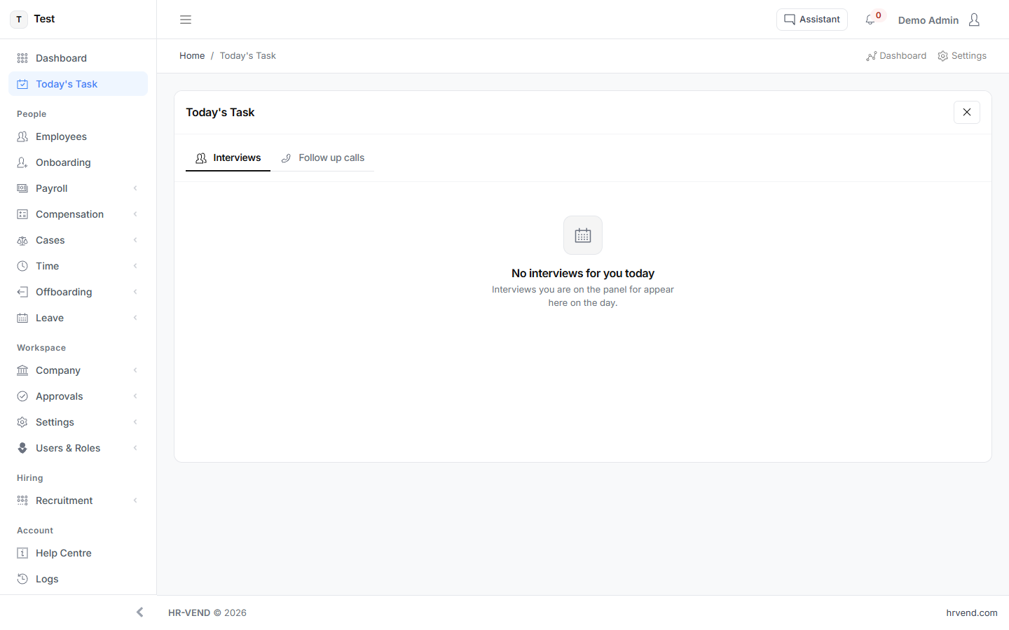 The Today's Task screen in HR-VEND