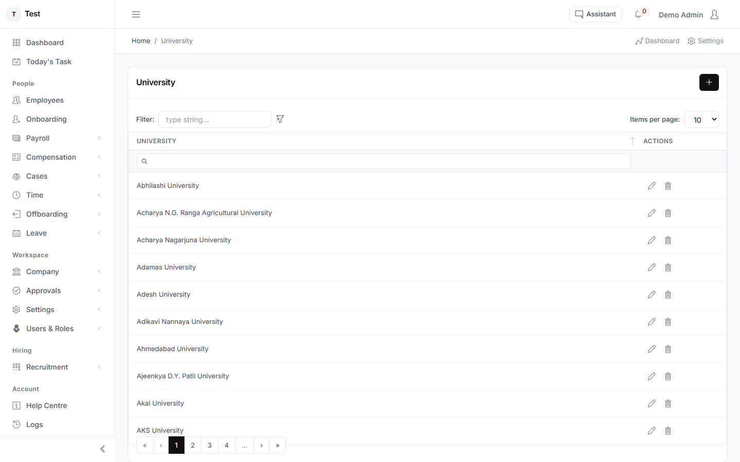 The University screen in HR-VEND