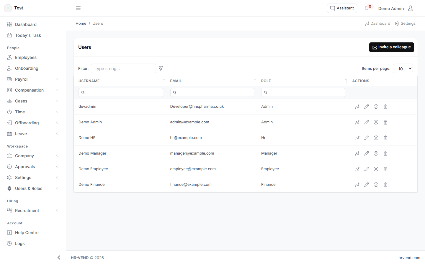The Users screen in HR-VEND