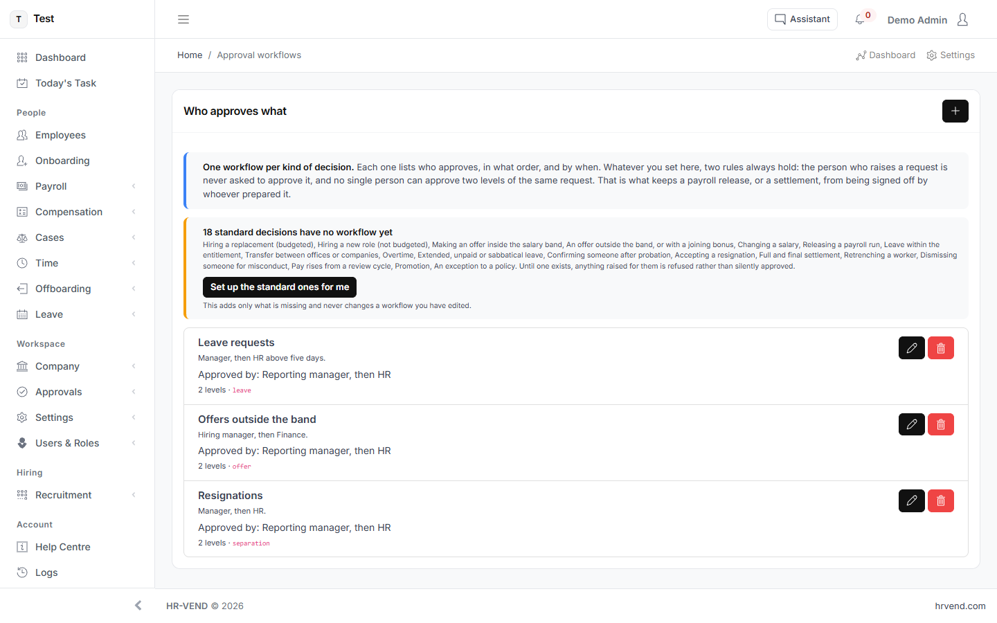 The Workflows screen in HR-VEND