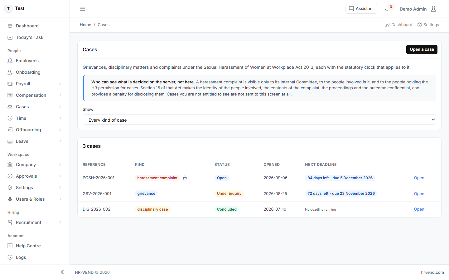 The Cases screens in HR-VEND