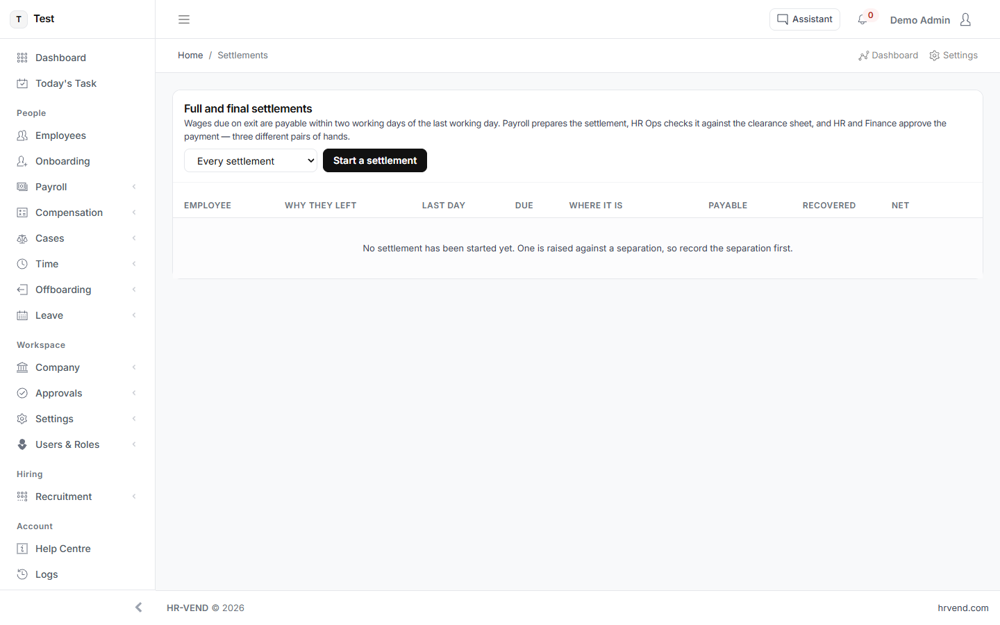 Settlement, with what is owed and what is recovered in HR-VEND