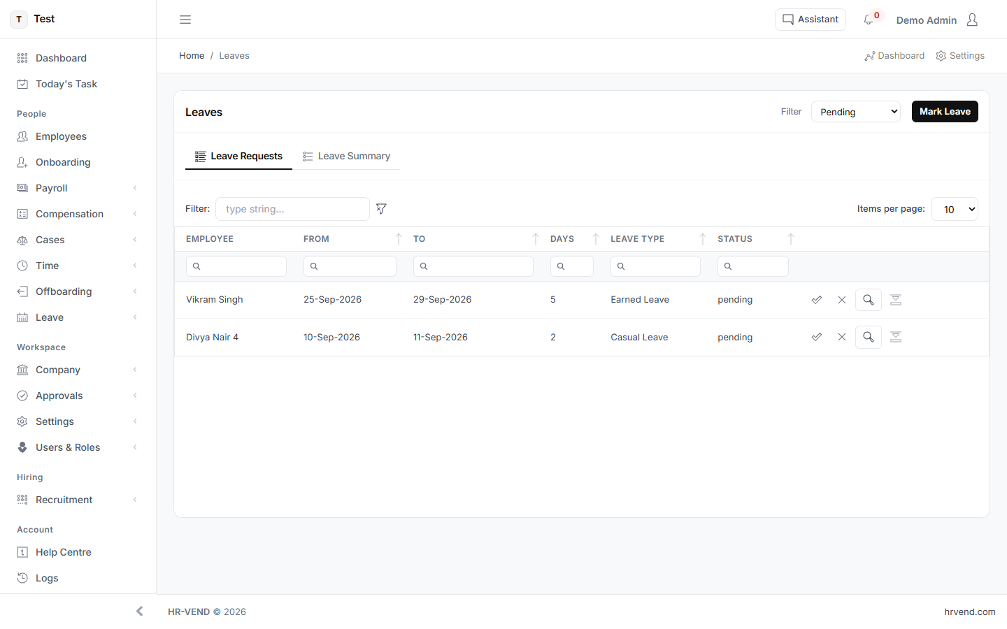 The Leave and attendance screens in HR-VEND