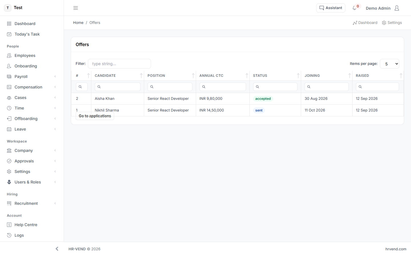 Offers that start from the application in HR-VEND