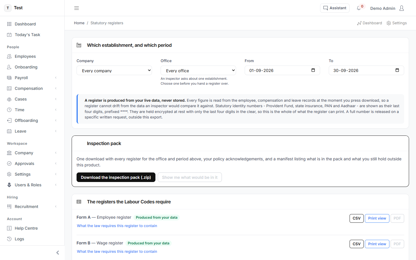 Registers an inspector can ask for in HR-VEND