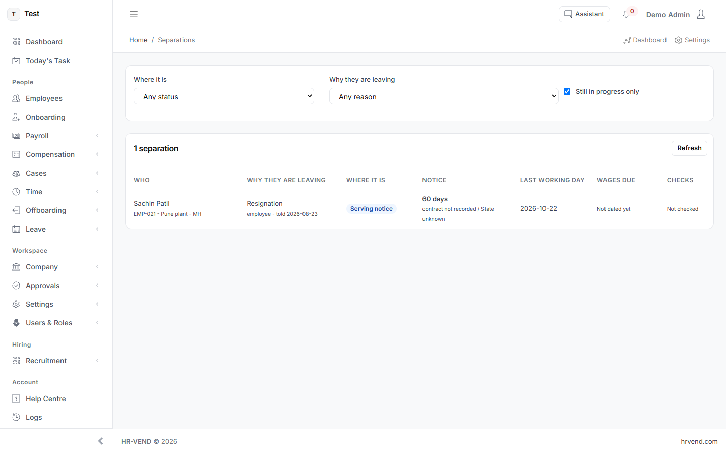 The Offboarding screens in HR-VEND